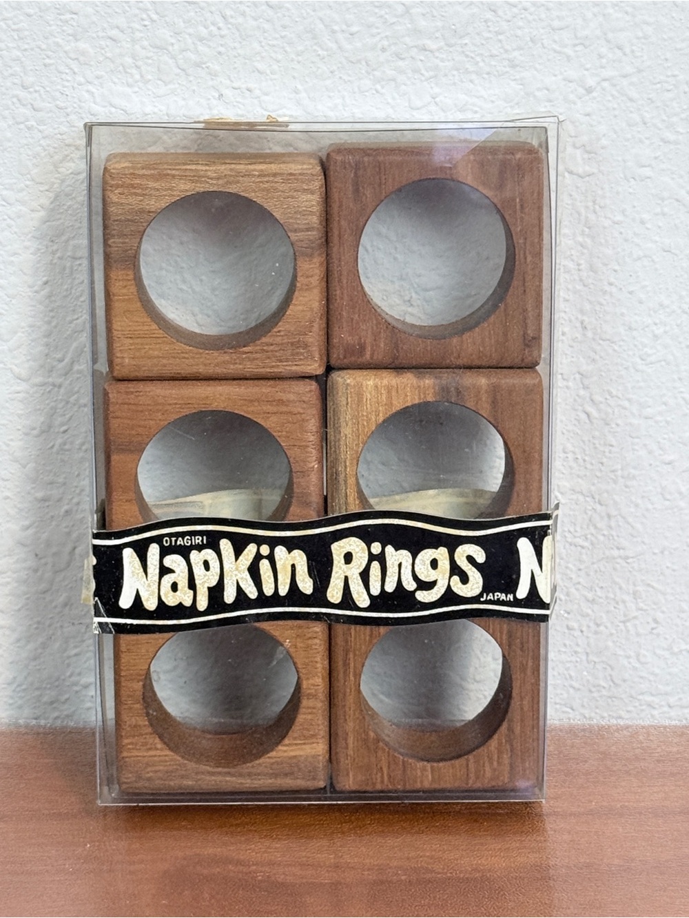 Vintage Otagiri Teak Wood Square MCM Napkin Rings Set of 6 IOB